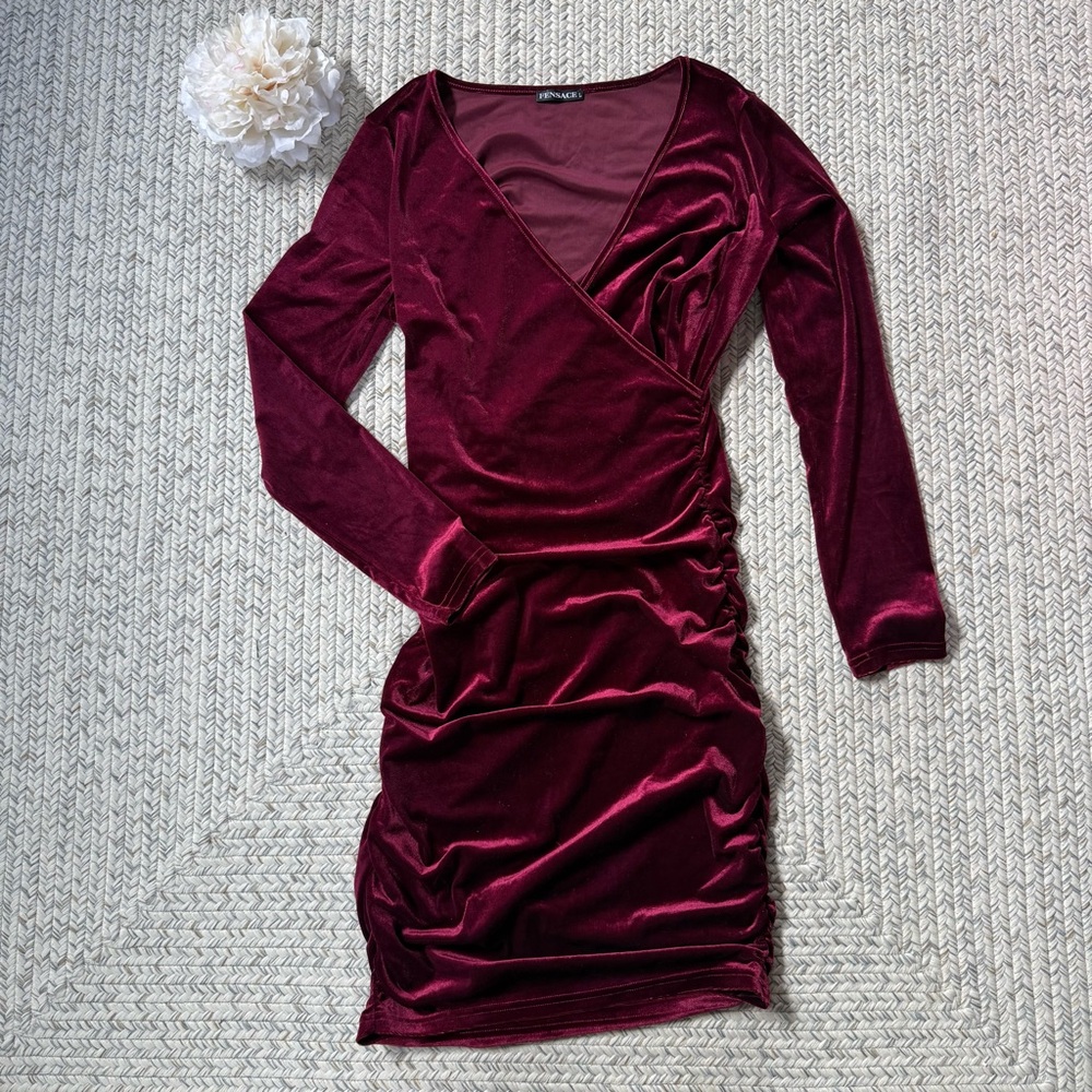 Elegant Velvet Wrap Dress in Rich Burgundy